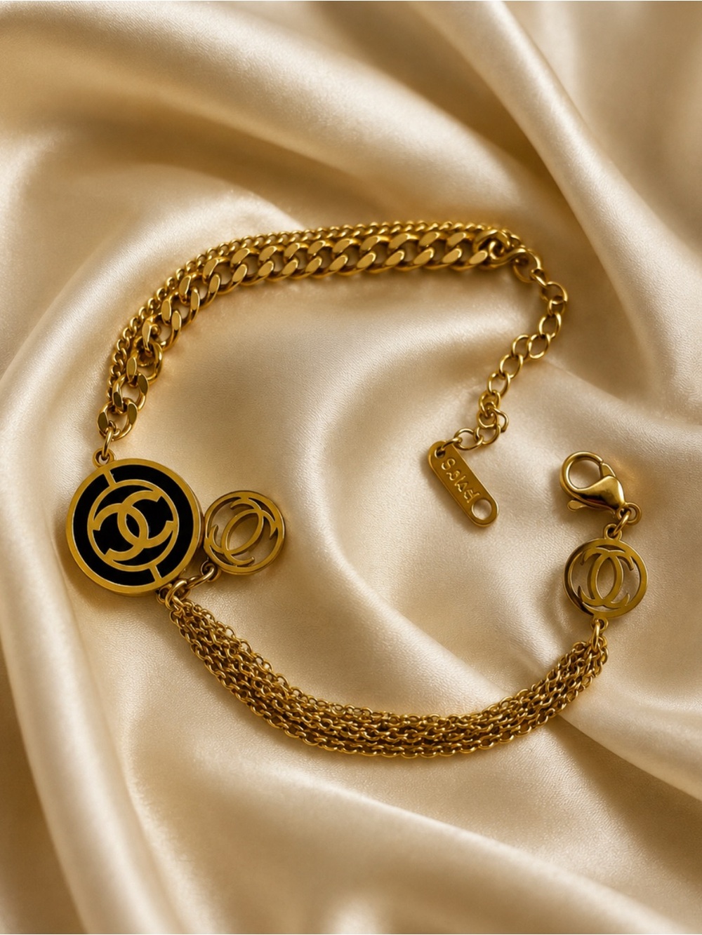 Fashion Jewelry Gold and Black Double Chain Charm Bracelet